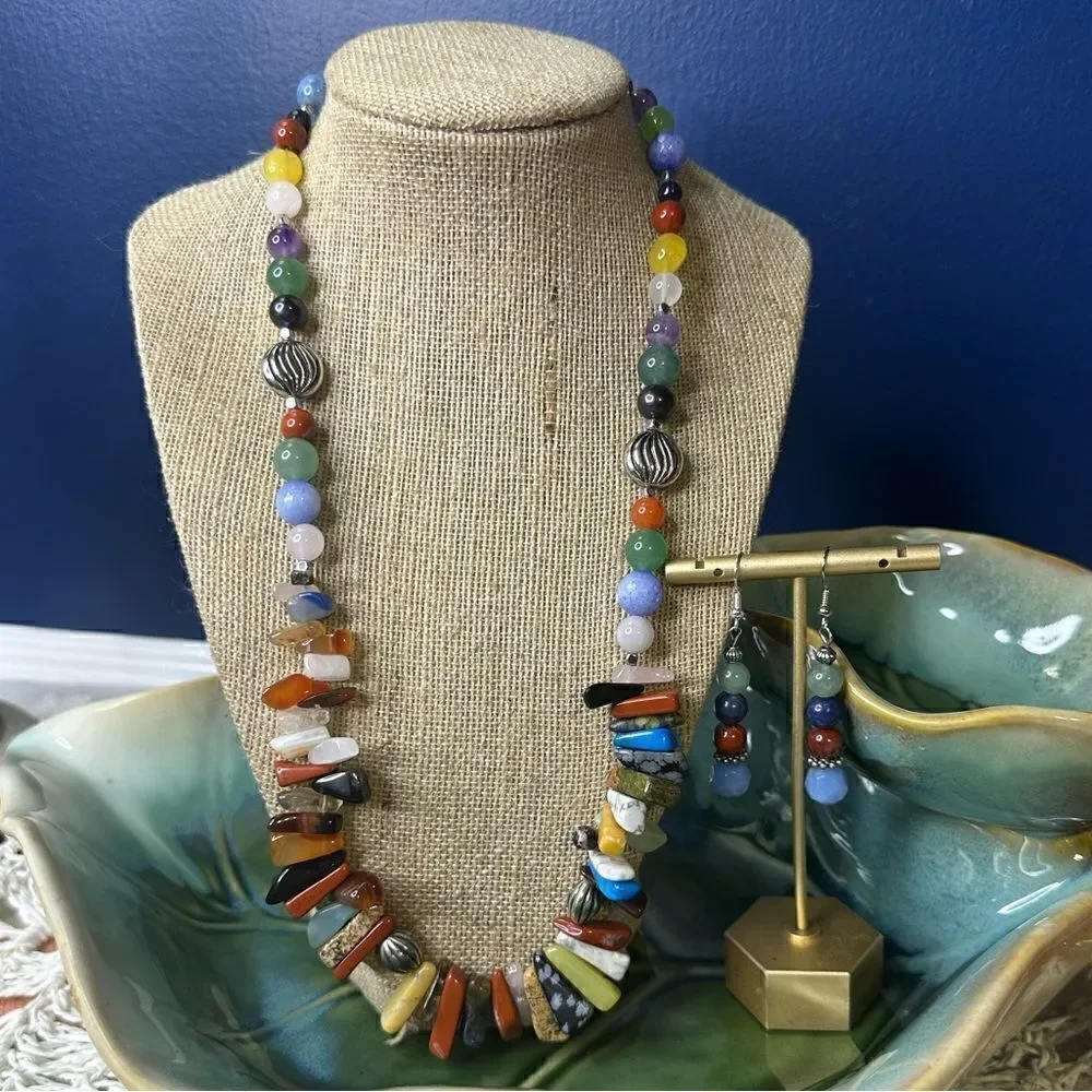 New Handcrafted Genuine Semi Precious Gemstone Necklace & Earrings 22”